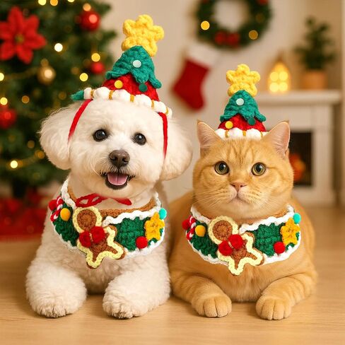 Dog Christmas Costume Cute Cat Christmas Costume Set Funny Knitted Doggie Gingerbread Scarf Puppy Xmas Hat Red&Green Xmas Costumes for Small Dog Chihuahua Yorkie Outfit Cat Bib Party Apparel in Saudi Arabia