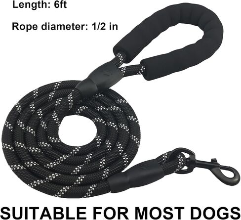 Highly Reflective Rope Dog Leash 6FT with Comfortable Padded Handle, 360-Degree Rotating Metal Buckle Without Tangles, Ideal for Medium Large Dogs, 1/2 inch, Black in Saudi Arabia