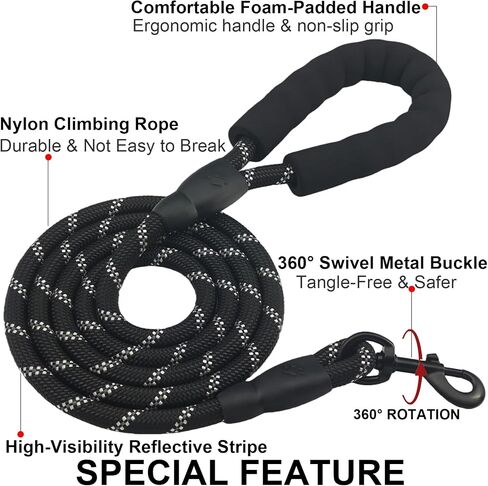 Highly Reflective Rope Dog Leash 6FT with Comfortable Padded Handle, 360-Degree Rotating Metal Buckle Without Tangles, Ideal for Medium Large Dogs, 1/2 inch, Black in Saudi Arabia