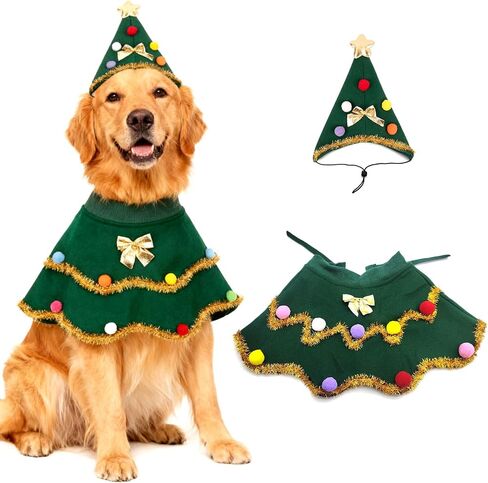 Large Dog Christmas Costumes Green Xmas Pet Cloak 2PCS Santa Cape hat Christmas Tree Outfit Winter Warm Coat Pet Elf Clothes for Medium Large Dogs Holiday Party Dress (Christmas Tress Green, Large) in Saudi Arabia