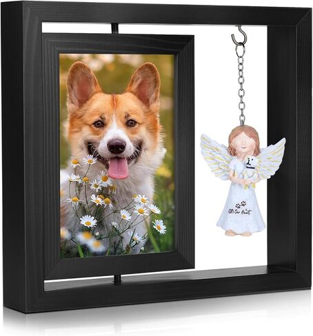 Dog Memorial Gifts for Loss of Dog, Rotating Wooden Picture Frame with Resin Angel Statues Holds 4x6 Photo, Loss of Dogs Cat Sympathy Gift, Pet Loss Remembrance Bereavement Keepsake (Black) in Saudi Arabia