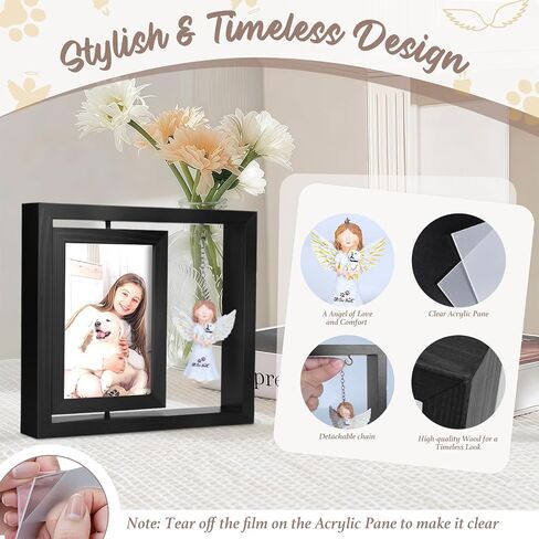 Dog Memorial Gifts for Loss of Dog, Rotating Wooden Picture Frame with Resin Angel Statues Holds 4x6 Photo, Loss of Dogs Cat Sympathy Gift, Pet Loss Remembrance Bereavement Keepsake (Black) in Saudi Arabia