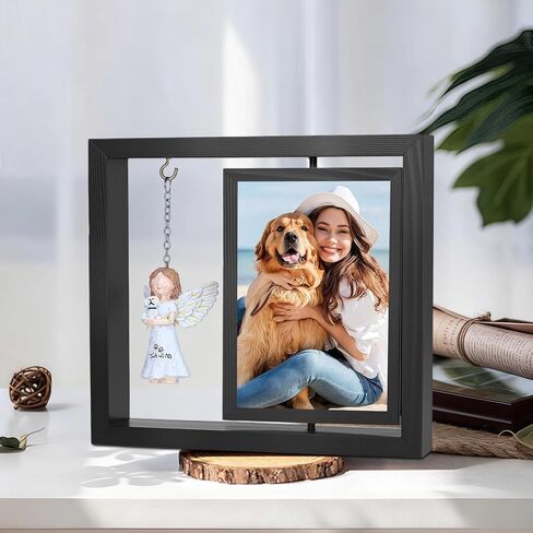 Dog Memorial Gifts for Loss of Dog, Rotating Wooden Picture Frame with Resin Angel Statues Holds 4x6 Photo, Loss of Dogs Cat Sympathy Gift, Pet Loss Remembrance Bereavement Keepsake (Black) in Saudi Arabia