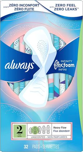 Always Infinity Flexfoam Feminine Pads for Women, Size 2, Heavy, without wings, Unscented, 32ct X 3 Packs (96 Count Total) in Kuwait