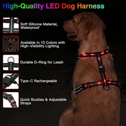hamraba Light Up Dog Harness, No Pull Led Dog Harness with 10 Lighting Modes for Night Walking, Rechargeable Lighted Safety Vest for Medium Large Dogs，Adjustable Soft Nylon-Like Material (L) in Saudi Arabia