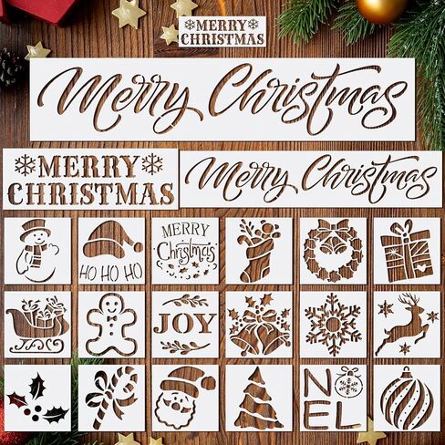 4 Pieces Merry Christmas Stencil Reusable Stencils for Painting Christmas Decoration Painting Template for Furniture, Wall, Window, Fabric, Wood，4 Different Sizes (Merry Christmas) in Kuwait