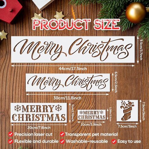 4 Pieces Merry Christmas Stencil Reusable Stencils for Painting Christmas Decoration Painting Template for Furniture, Wall, Window, Fabric, Wood，4 Different Sizes (Merry Christmas) in Kuwait
