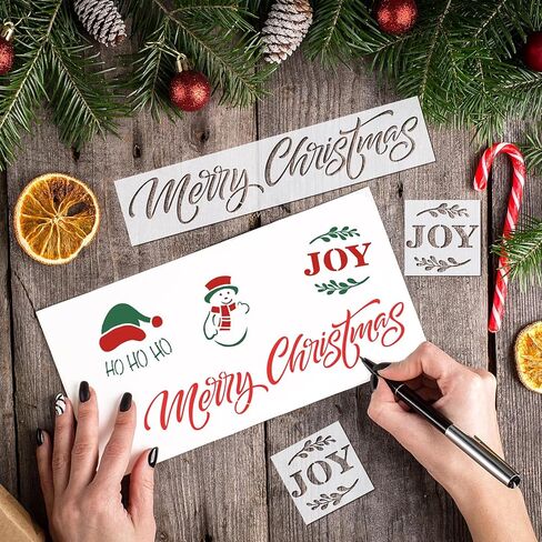 4 Pieces Merry Christmas Stencil Reusable Stencils for Painting Christmas Decoration Painting Template for Furniture, Wall, Window, Fabric, Wood，4 Different Sizes (Merry Christmas) in Kuwait