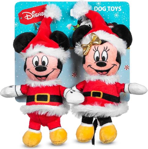 Disney 2pc Holiday Bobo Style Plush Mickey Mouse & Minnie Mouse Squeaker Toy for Dogs, 6 Inch | Mickey Mouse Plush Dog Toy | Holiday Toys for Dogs in Saudi Arabia