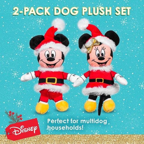 Disney 2pc Holiday Bobo Style Plush Mickey Mouse & Minnie Mouse Squeaker Toy for Dogs, 6 Inch | Mickey Mouse Plush Dog Toy | Holiday Toys for Dogs in Saudi Arabia