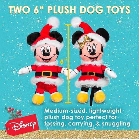 Disney 2pc Holiday Bobo Style Plush Mickey Mouse & Minnie Mouse Squeaker Toy for Dogs, 6 Inch | Mickey Mouse Plush Dog Toy | Holiday Toys for Dogs in Saudi Arabia