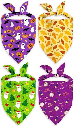Holiday Dog Bandanas 4 Pack, Halloween Thanksgiving Christmas New Year Reversible Large Pet Bandanas, Celebration Set, Adjustable Triangle Holiday Scarves for Dogs Girl Boy Pets in Kuwait