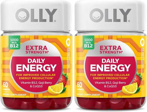 OLLY Extra Strength Daily Energy Gummy, Caffeine Free, 1000mcg Vitamin B12, CoQ10, Goji Berry, Adult Chewable Supplement, Berry Yuzu Flavor - 60 Count in Kuwait
