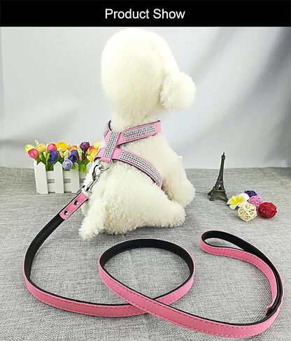 Fashion Dogs Harness with Diamantes and Lead Cute Girl Bling Small Dog Harness with Leash for Dogs - Pink - S in Kuwait