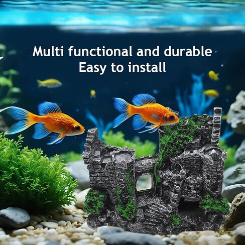 Fish Tank Castle, Aquarium Decoration with Realistic Texture, Resin Aquarium Castle with Caves & Tunnels, for Small Fish in Freshwater/Saltwater Tanks in Kuwait