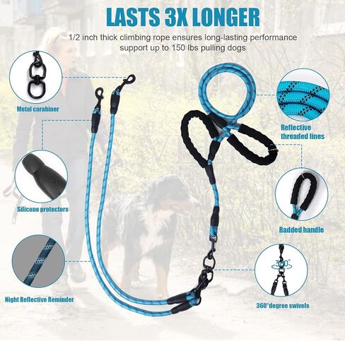 Exceptional 360 Anti-Tangle & No Pull Three Dog Leash - Three Handle & Reflective for Safety & Convenience - Pink, 3 Way for Small & Medium Dogs (Blue 3 Way) in Saudi Arabia