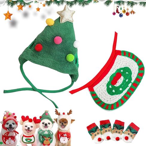 Adorable Christmas Tree Pom-Pom Hat for Small Dogs Cats, Cute Christmas Tree Pom-Pom Hat and Rudolph Reindeer Bib Set, Adjustable Straps, Comfortable Soft, for Holiday Photo/Gathering/Party (SetB,M) in Saudi Arabia