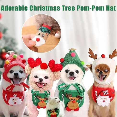 Adorable Christmas Tree Pom-Pom Hat for Small Dogs Cats, Cute Christmas Tree Pom-Pom Hat and Rudolph Reindeer Bib Set, Adjustable Straps, Comfortable Soft, for Holiday Photo/Gathering/Party (SetB,M) in Saudi Arabia