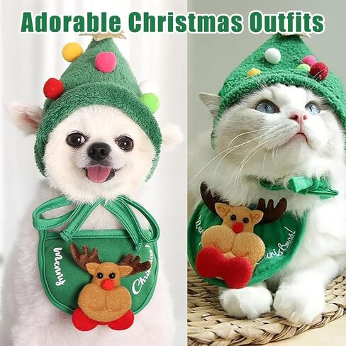 Adorable Christmas Tree Pom-Pom Hat for Small Dogs Cats, Cute Christmas Tree Pom-Pom Hat and Rudolph Reindeer Bib Set, Adjustable Straps, Comfortable Soft, for Holiday Photo/Gathering/Party (SetB,M) in Saudi Arabia