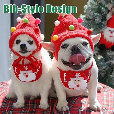 Adorable Christmas Tree Pom-Pom Hat for Small Dogs Cats, Cute Christmas Tree Pom-Pom Hat and Rudolph Reindeer Bib Set, Adjustable Straps, Comfortable Soft, for Holiday Photo/Gathering/Party (SetB,M) in Saudi Arabia