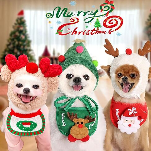 Adorable Christmas Tree Pom-Pom Hat for Small Dogs Cats, Cute Christmas Tree Pom-Pom Hat and Rudolph Reindeer Bib Set, Adjustable Straps, Comfortable Soft, for Holiday Photo/Gathering/Party (SetB,M) in Saudi Arabia