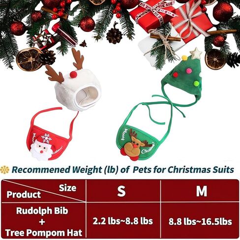Adorable Christmas Tree Pom-Pom Hat for Small Dogs Cats, Cute Christmas Tree Pom-Pom Hat and Rudolph Reindeer Bib Set, Adjustable Straps, Comfortable Soft, for Holiday Photo/Gathering/Party (SetB,M) in Saudi Arabia