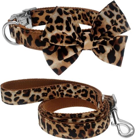 Dog Collar with Bow, Cotton & Webbing, Detachable Bowtie Dog Collar, Adjustable Dog Collars and Leash for Small Medium Large Dogs (Medium, Leopard Print) in Kuwait