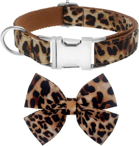 Dog Collar with Bow, Cotton & Webbing, Detachable Bowtie Dog Collar, Adjustable Dog Collars and Leash for Small Medium Large Dogs (Medium, Leopard Print) in Kuwait
