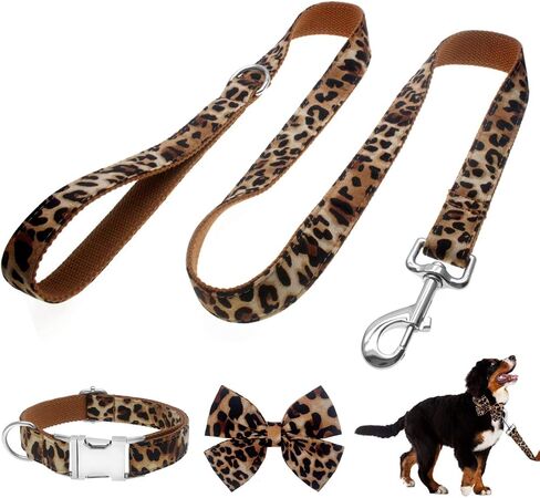 Dog Collar with Bow, Cotton & Webbing, Detachable Bowtie Dog Collar, Adjustable Dog Collars and Leash for Small Medium Large Dogs (Medium, Leopard Print) in Kuwait