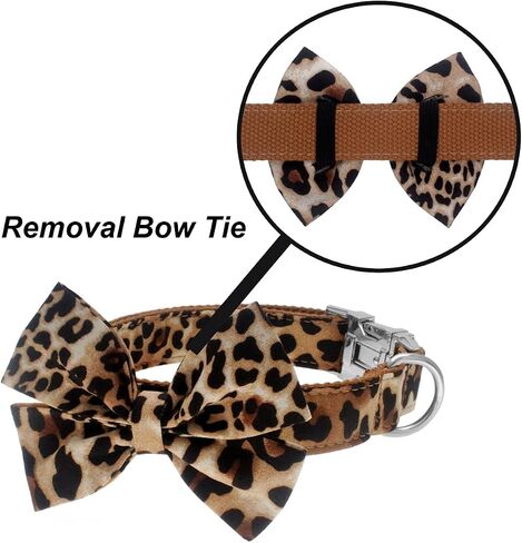 Dog Collar with Bow, Cotton & Webbing, Detachable Bowtie Dog Collar, Adjustable Dog Collars and Leash for Small Medium Large Dogs (Medium, Leopard Print) in Kuwait