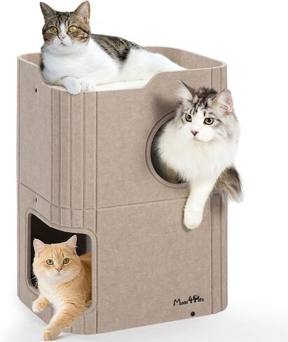 Made4Pets Cat House for Indoor Use, 2-Storey Cube Bed Cave, Covered Hideaway Condo with Scratch-Resistant Felt, Foldable Easy-to-Clean Design for Multi-Cat Homes, Grey in Saudi Arabia