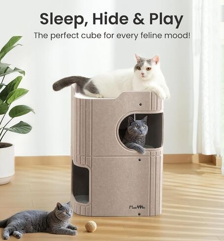 Made4Pets Cat House for Indoor Use, 2-Storey Cube Bed Cave, Covered Hideaway Condo with Scratch-Resistant Felt, Foldable Easy-to-Clean Design for Multi-Cat Homes, Grey in Saudi Arabia