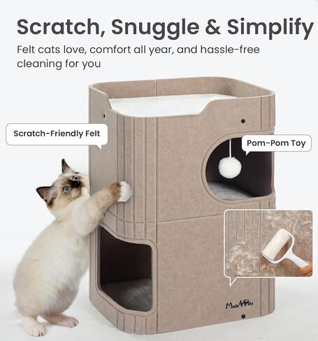 Made4Pets Cat House for Indoor Use, 2-Storey Cube Bed Cave, Covered Hideaway Condo with Scratch-Resistant Felt, Foldable Easy-to-Clean Design for Multi-Cat Homes, Grey in Saudi Arabia