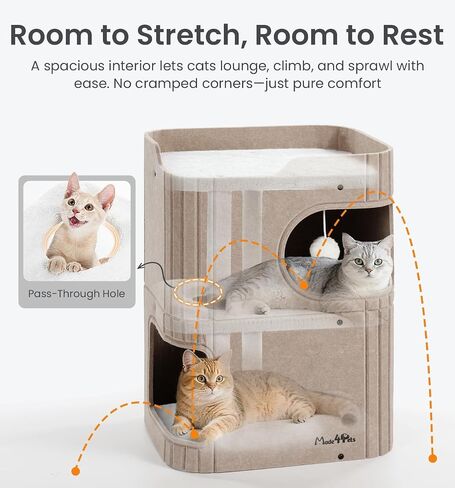 Made4Pets Cat House for Indoor Use, 2-Storey Cube Bed Cave, Covered Hideaway Condo with Scratch-Resistant Felt, Foldable Easy-to-Clean Design for Multi-Cat Homes, Grey in Saudi Arabia