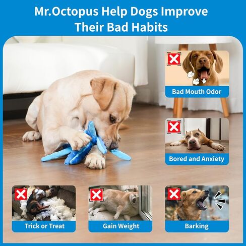 Plush Octopus Dog Toy with Squeaker, No Stuffing for Safety, Soft and Durable Dual-Layer Fabric, Suitable for Small to Large Dogs (Blue) in Saudi Arabia