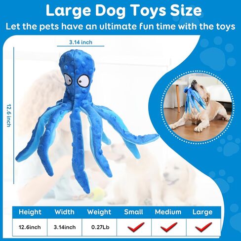 Plush Octopus Dog Toy with Squeaker, No Stuffing for Safety, Soft and Durable Dual-Layer Fabric, Suitable for Small to Large Dogs (Blue) in Saudi Arabia