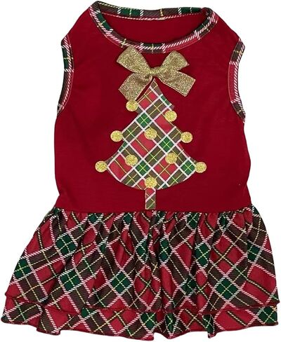 Tangpan Gold Bow-Knot Pet Christmas Dress Outfit Dog Santa Plaid Skirt Puppy Costume Cat Apparel (Large) in Saudi Arabia