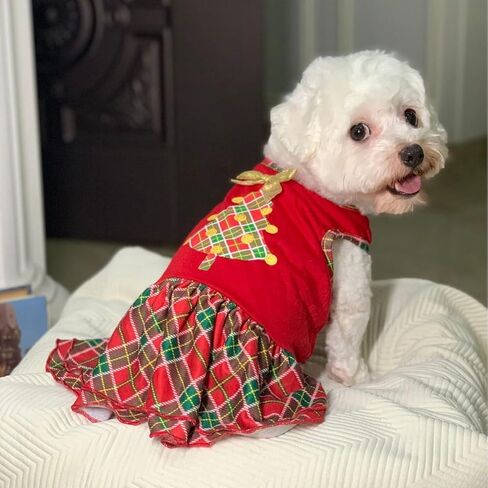 Tangpan Gold Bow-Knot Pet Christmas Dress Outfit Dog Santa Plaid Skirt Puppy Costume Cat Apparel (Large) in Saudi Arabia