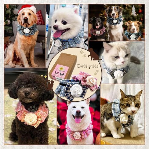 طوق تويد مكشكش، عصابات عيد الميلاد للكلاب والقطط، وشاح للحيوانات الأليفة كهدية عيد ميلاد، زي عطلة من القماش المتين الفاخر للكلاب الصغيرة والمتوسطة والكبيرة (أزرق وصغير) (وردي، كبير) in Kuwait