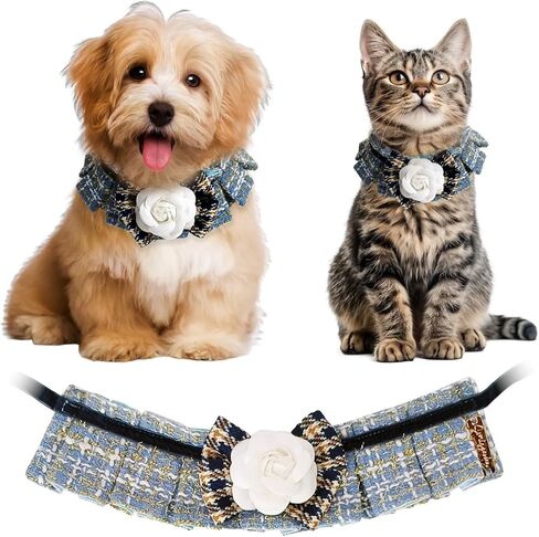 طوق تويد مكشكش، عصابات عيد الميلاد للكلاب والقطط، وشاح للحيوانات الأليفة كهدية عيد ميلاد، زي عطلة من القماش المتين الفاخر للكلاب الصغيرة والمتوسطة والكبيرة (أزرق وصغير) (وردي، كبير) in Kuwait