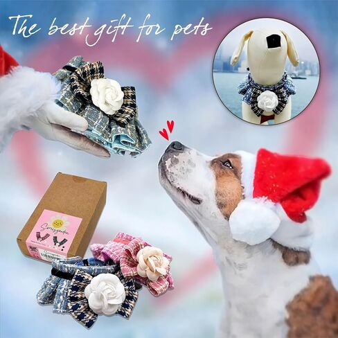 طوق تويد مكشكش، عصابات عيد الميلاد للكلاب والقطط، وشاح للحيوانات الأليفة كهدية عيد ميلاد، زي عطلة من القماش المتين الفاخر للكلاب الصغيرة والمتوسطة والكبيرة (أزرق وصغير) (وردي، كبير) in Kuwait