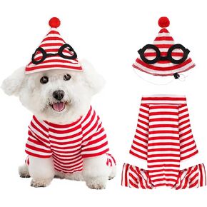 2PCS Red and White Striped Dog Shirt with Matching Hat, Dog Halloween Costume for Puppy Party (Large) in Saudi Arabia