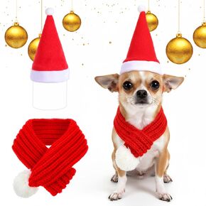 Christmas Dog Santa Hat and Scarf Set, S Size, Red Knit Adjustable Scarf with White Pompom Ball, Dog Winter Neck Warmer, Dogs Christmas Outfit in Kuwait