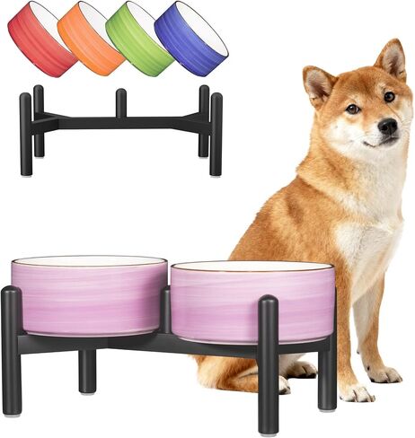 Ceramic Elevated Dog Bowl Set - Dog Feeder Station with Colorful Double Bowls for Small and Medium Size Breed - Non-Slip Raised Dish for Food and Water Feeding- 6 Inch - 3.5 Cups / 22 fl oz - Purple in Saudi Arabia