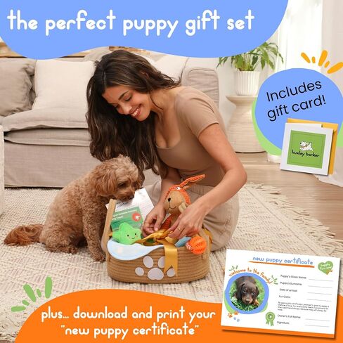 مجموعة Premium Puppy Starter Kit - سلة هدايا جديدة للجراء تحتوي على الأساسيات، وصندوق ألعاب، وصينية مكافآت، ومستلزمات تدريب، وألعاب مضغ وتصدر أصواتًا للجراء والكلاب الصغيرة - يجب أن يمتلكها أصحاب الكلاب الجدد in Saudi Arabia