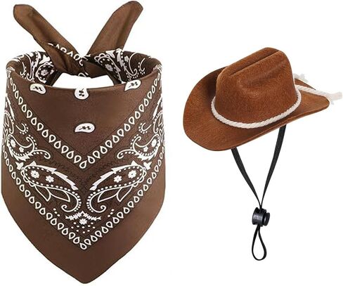 Qiansail 2Pcs Dog Cowboy Hat, Dogs Halloween Cowboy Costume with Classic Bandana Scarf Pets Accessories for Cosplay Party Christmas (Brown) in Saudi Arabia