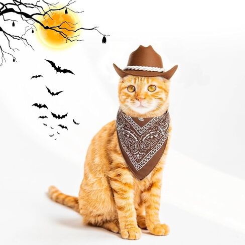 Qiansail 2Pcs Dog Cowboy Hat, Dogs Halloween Cowboy Costume with Classic Bandana Scarf Pets Accessories for Cosplay Party Christmas (Brown) in Saudi Arabia