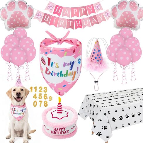 EXPAWLORER Dog Birthday Bandana Set, Dog Birthday Party Supplies, Cute Hat Squeaky Cake Toy Tablecloth Balloons for Birthday Party Supplies Gift, Great for Small Medium Large Dogs Pink in Saudi Arabia