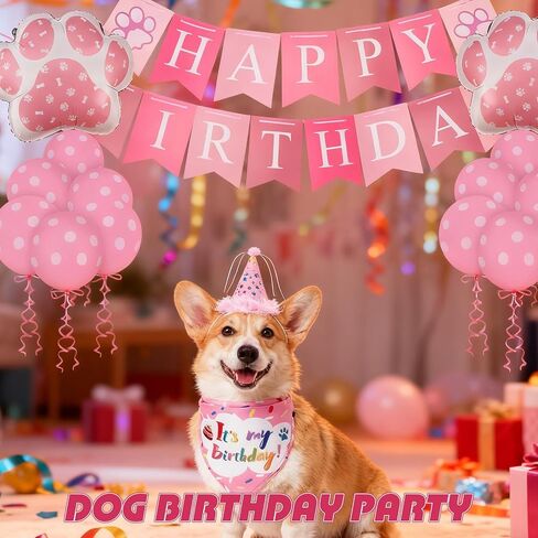 EXPAWLORER Dog Birthday Bandana Set, Dog Birthday Party Supplies, Cute Hat Squeaky Cake Toy Tablecloth Balloons for Birthday Party Supplies Gift, Great for Small Medium Large Dogs Pink in Saudi Arabia