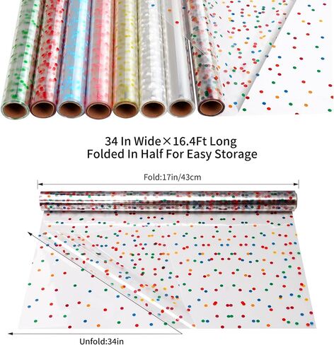 CMFYHM 8 Rolls clear Cellophane Wrap Roll (34 in x 16.4 ft x 8 Colors) Gift Baskets Wrap Roll,Extra Wide Transparent Polka Dots Cellophane Wrapping for Gift Baskets,Flowers, Candies, DIY Craft,Baby Shower, Easter,Halloween,Christmas in Kuwait